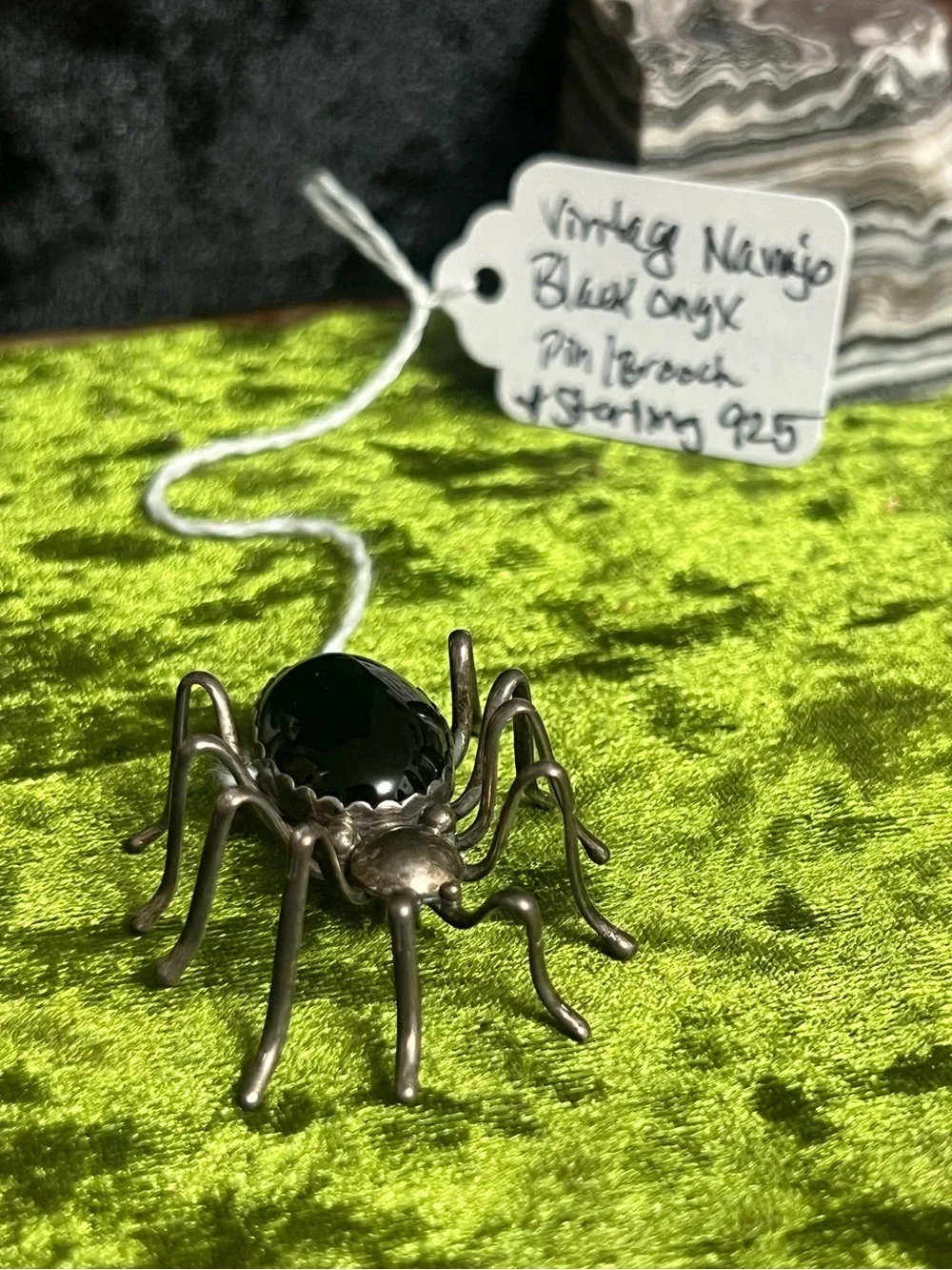 Vintage Black Spider Pin Brooch with Black Onyx